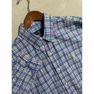 EUC Polo Ralph Lauren Mens Plaid Button Down Shirt Long Sleeve Pony Blue Medium